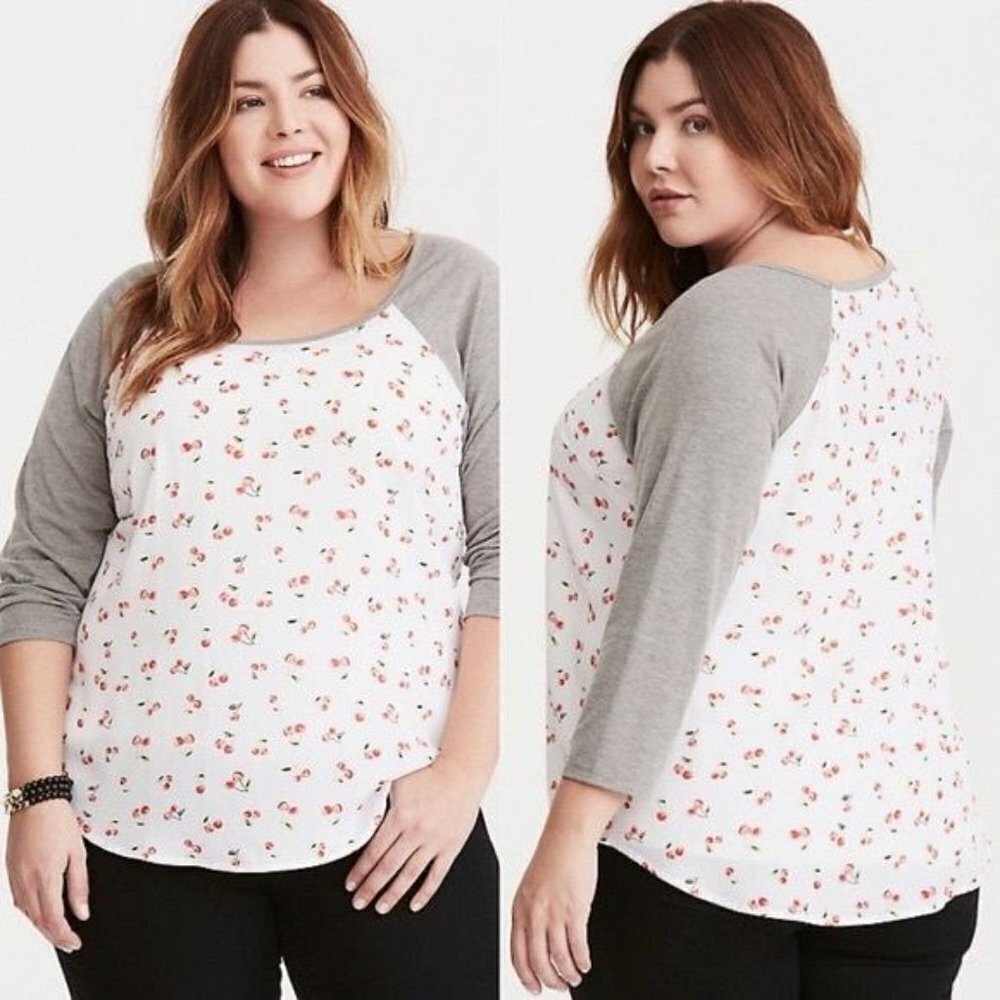 Torrid White Red And Gray Cherry Print Chiffon Raglan Sleeve Top Size 12